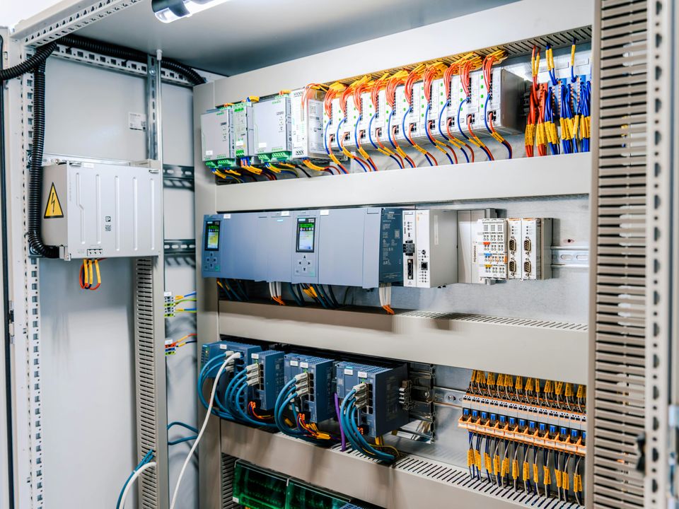 Open industrial control cabinet showing terminal blocks and DIN-rail wiring